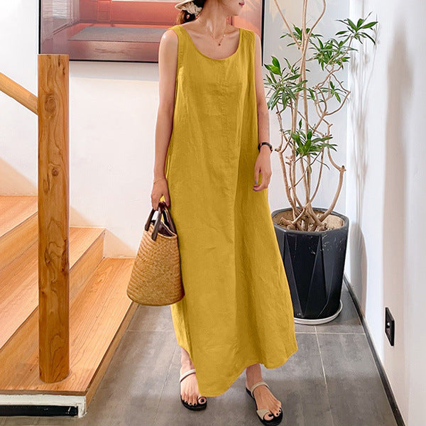 Robe longue sans manches à col rond en coton et lin