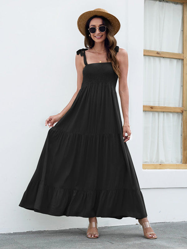 Tie Strap Smocked Tiered  Maxi Dress