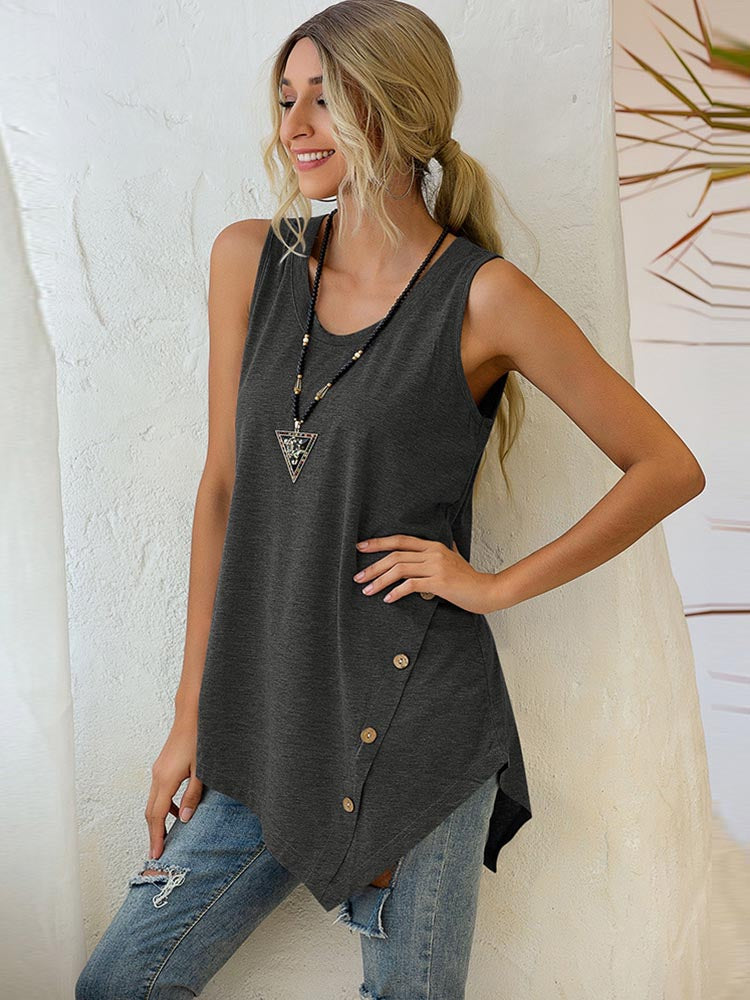 Buttoned Asymmetrical Hem Sleeveless V-neck Shirt