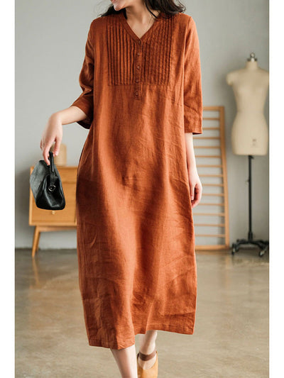 V Neck 1/2 Sleeve Gathered Loose Cotton Dress