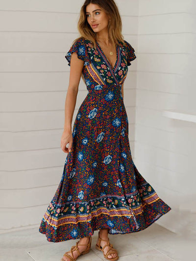 Robe longue portefeuille à fleurs style bohème