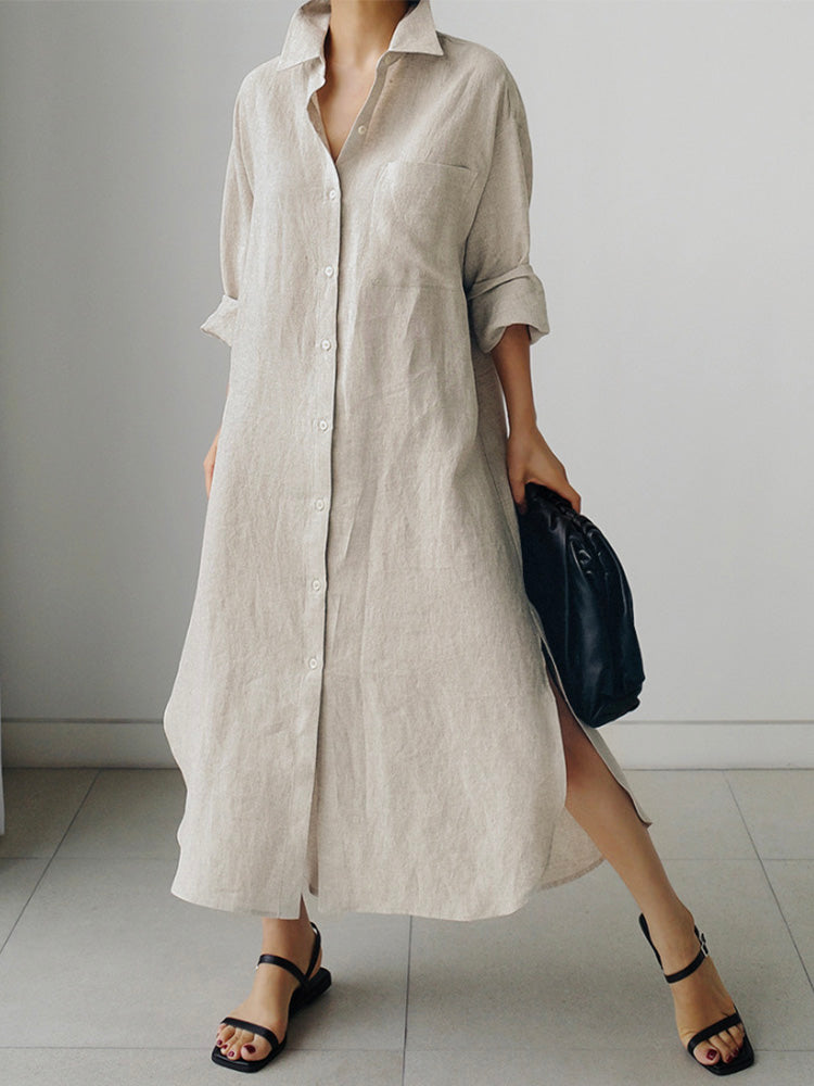 Cotton and Linen Shirt Dress with Side Slits