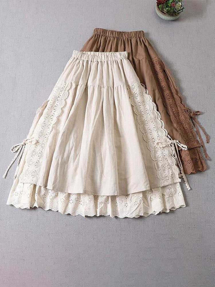 Falda de lino de dos capas con bordado de encaje