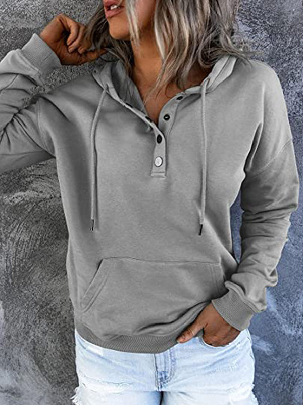 Sudadera con capucha suelta con bolsillo con cordón y cuello de botón casual