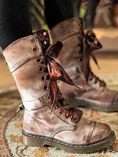 Mid-calf Punk Style Lace Up Boots
