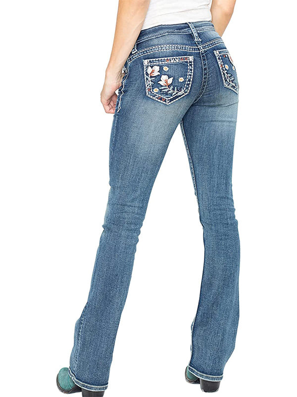 Washed Distressed Floral Embroidered Mid Rise Elastic Bootcut Jeans