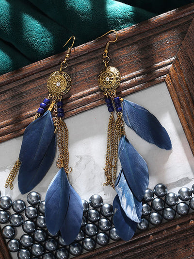 Pendientes de plumas con borlas de cadena de colores boho