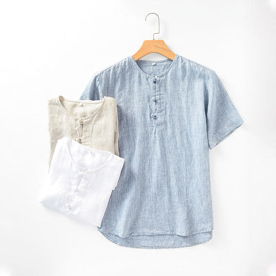 Men's 100% Linen Round Neck Short Sleeve Shirt