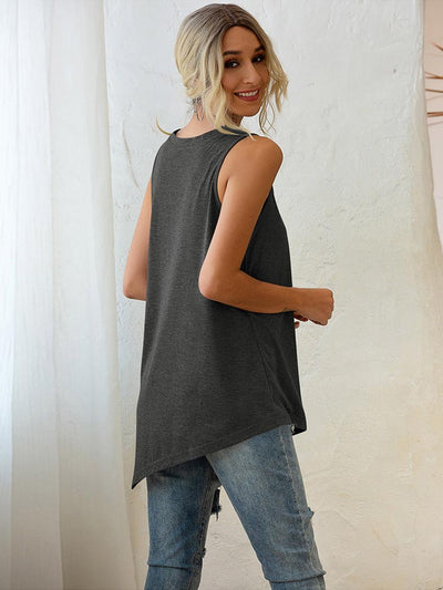 Buttoned Asymmetrical Hem Sleeveless V-neck Shirt