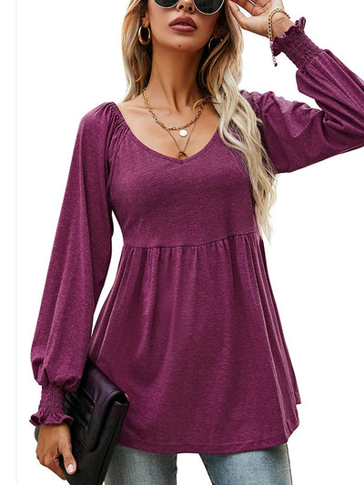 V-neck Lantern Long Sleeve Ruching Tunic Scoop Hem Top