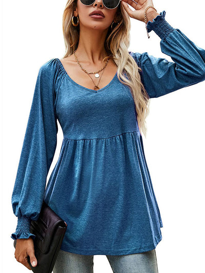 V-neck Lantern Long Sleeve Ruching Tunic Scoop Hem Top