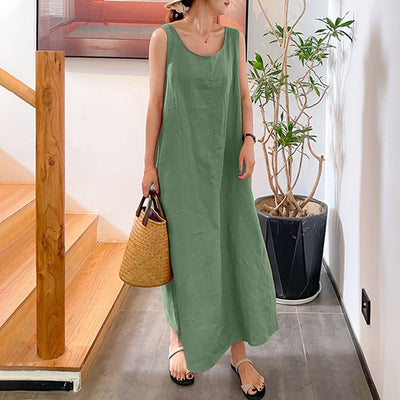 Robe longue sans manches à col rond en coton et lin