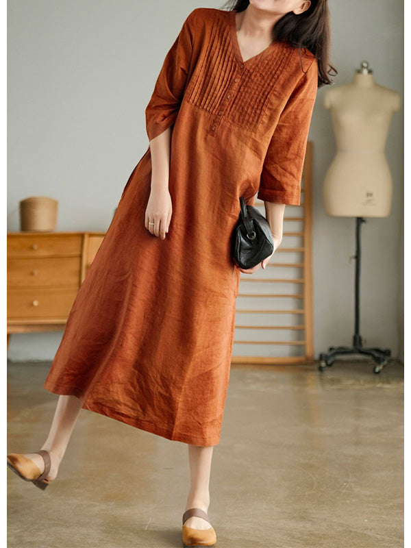 V Neck 1/2 Sleeve Gathered Loose Cotton Dress