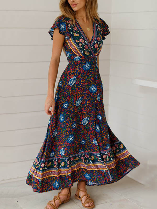 Robe longue portefeuille à fleurs style bohème