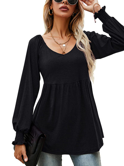 V-neck Lantern Long Sleeve Ruching Tunic Scoop Hem Top