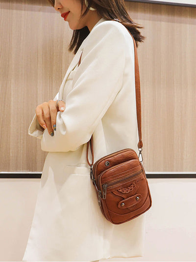 Vintage-Inspired Studded Washed Leather Crossbody Bag