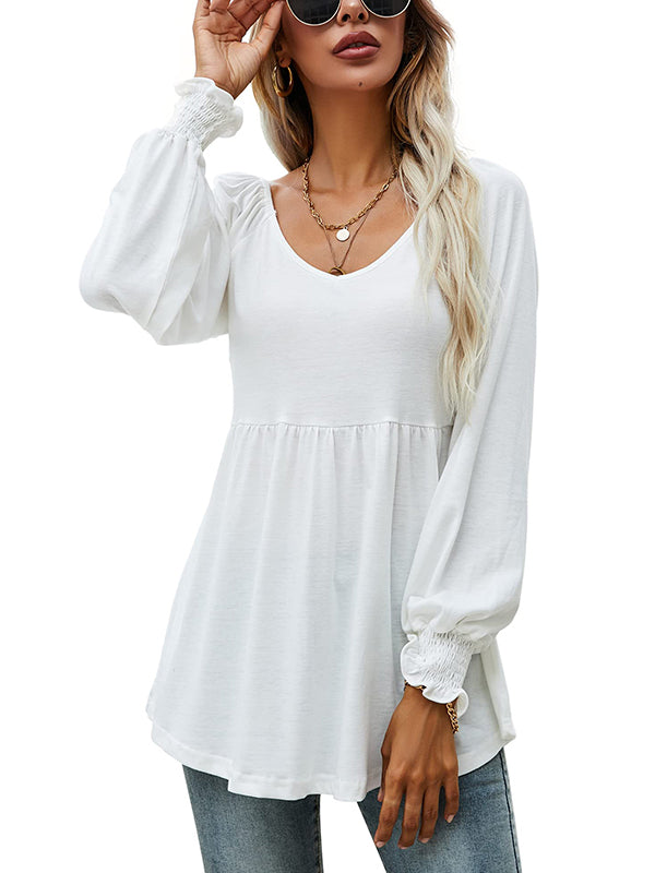 V-neck Lantern Long Sleeve Ruching Tunic Scoop Hem Top