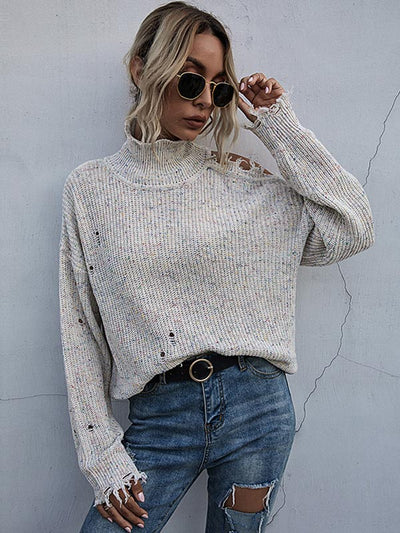 Pull à col roulé déchiré à épaules dénudées