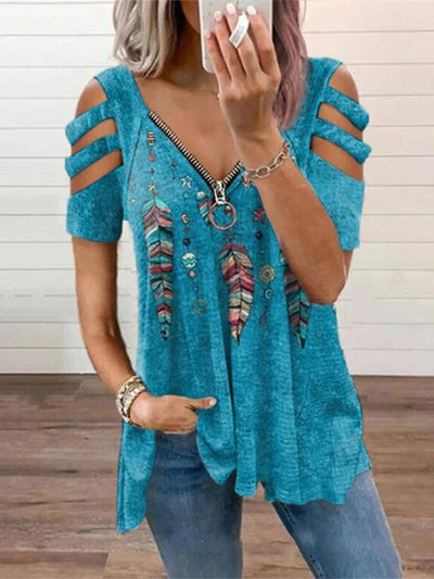 T-shirt à col en V avec fermeture éclair et imprimé plumes sur les épaules