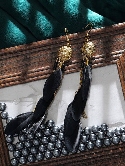 Boho Colorful Chain Tassel Feather Earrings
