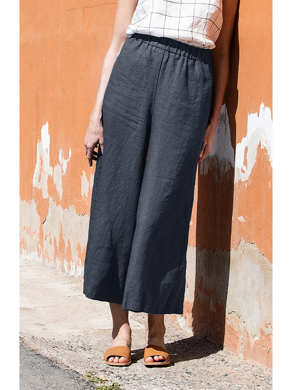 Pantalon décontracté en lin à taille élastique et jambe large 
