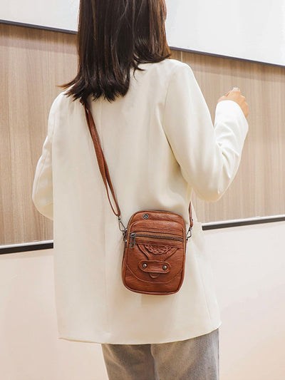 Vintage-Inspired Studded Washed Leather Crossbody Bag