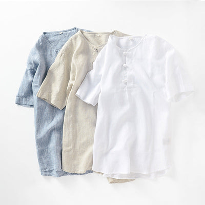 Men's 100% Linen Round Neck Short Sleeve Shirt