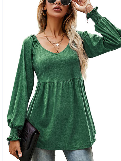 V-neck Lantern Long Sleeve Ruching Tunic Scoop Hem Top