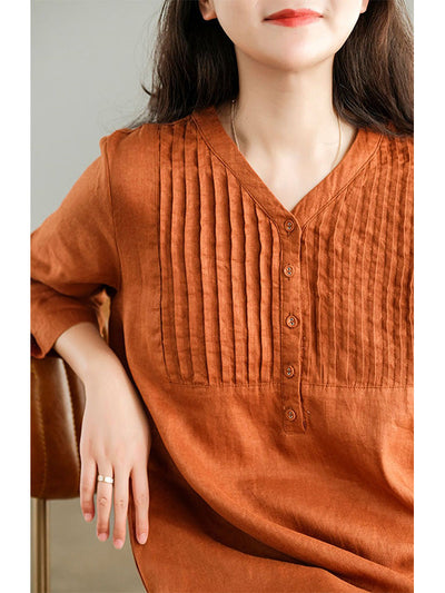 V Neck 1/2 Sleeve Gathered Loose Cotton Dress