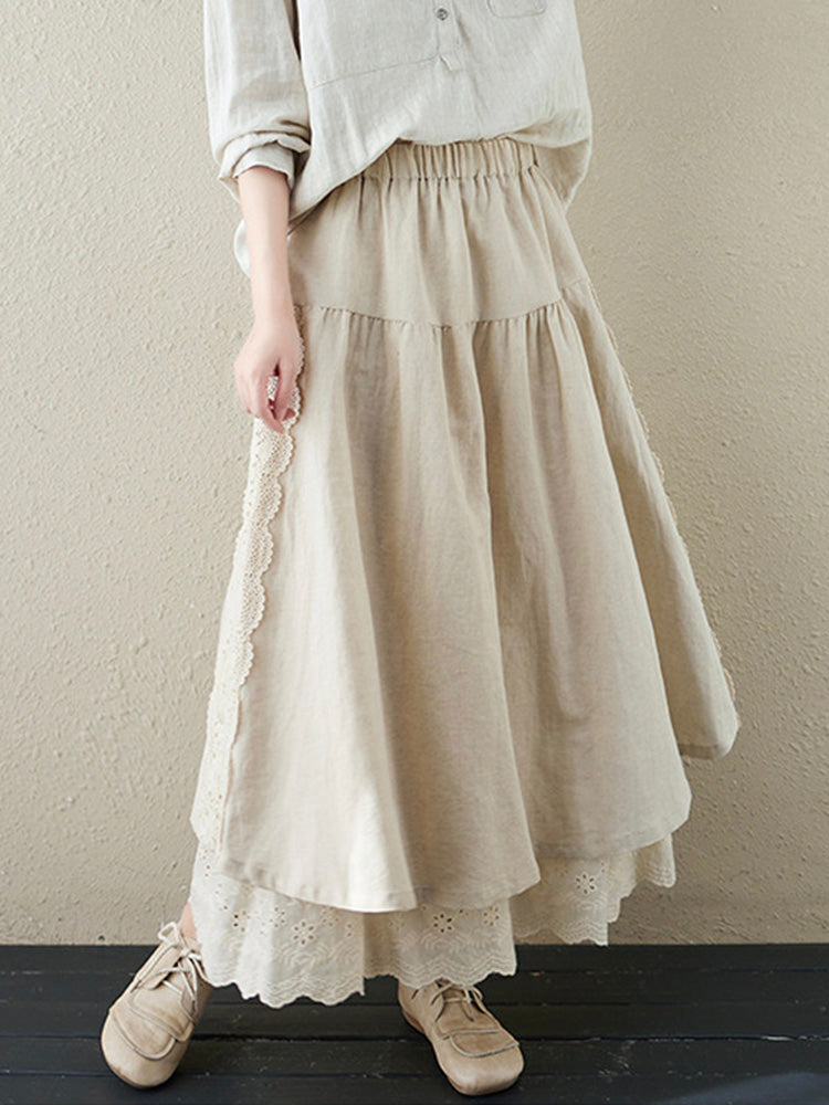 Lace Embroidery Two-layer Linen Skirt