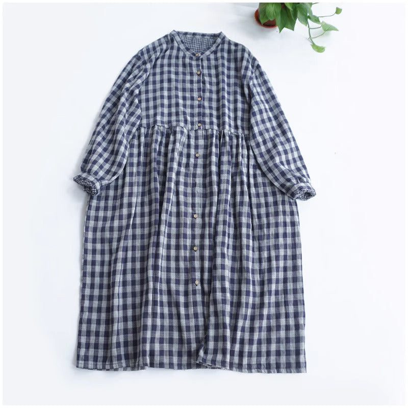 Robe mi-longue à carreaux et col roulé en coton
