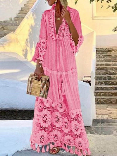 Robe longue en dentelle à franges