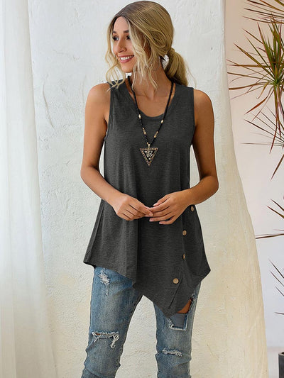 Buttoned Asymmetrical Hem Sleeveless V-neck Shirt