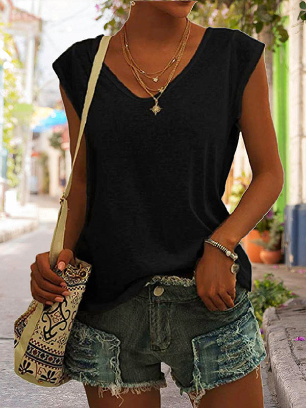 V-Neck Cap Sleeve Loose T-Shirt