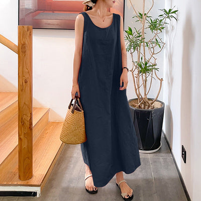Robe longue sans manches à col rond en coton et lin
