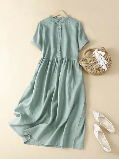 Lapels Cotton and Linen Midi Dress