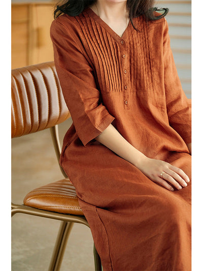 Robe ample froncée en coton à col en V et manches 1/2