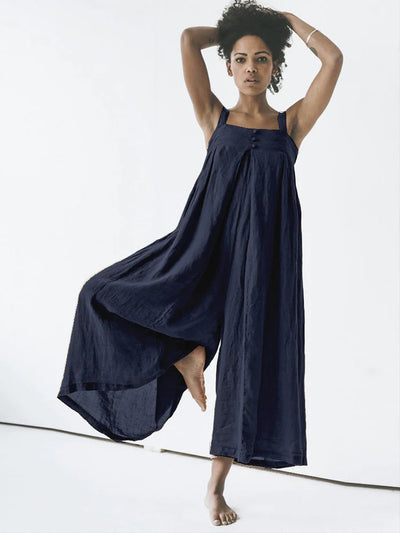 Women's Casual Sleeveless Cotton Linen Strap Jumpsuit