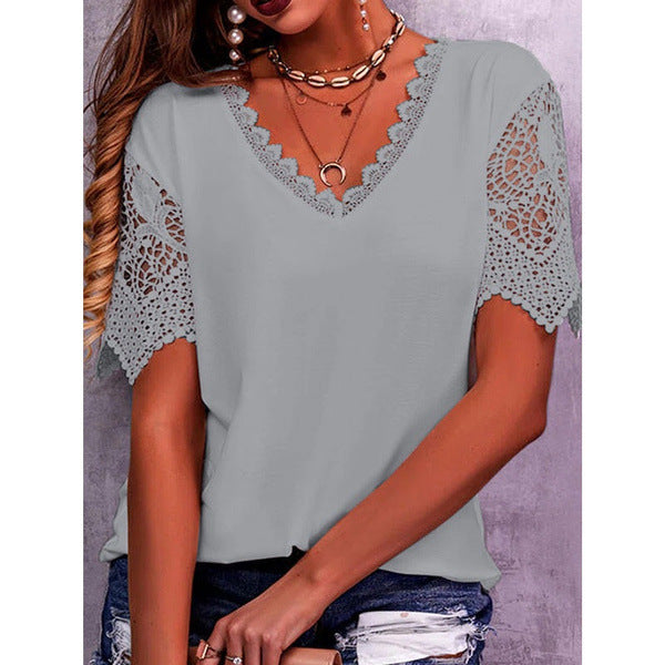 Lace Stitching Loose V-neck Short Sleeve T-shirt