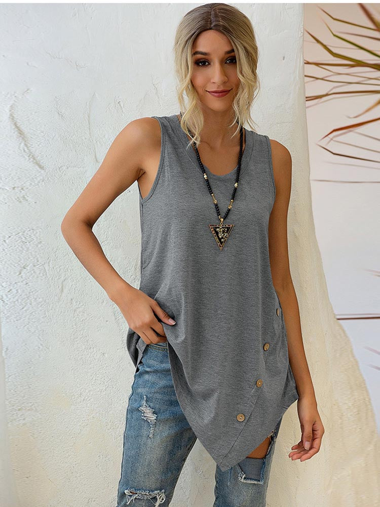 Buttoned Asymmetrical Hem Sleeveless V-neck Shirt