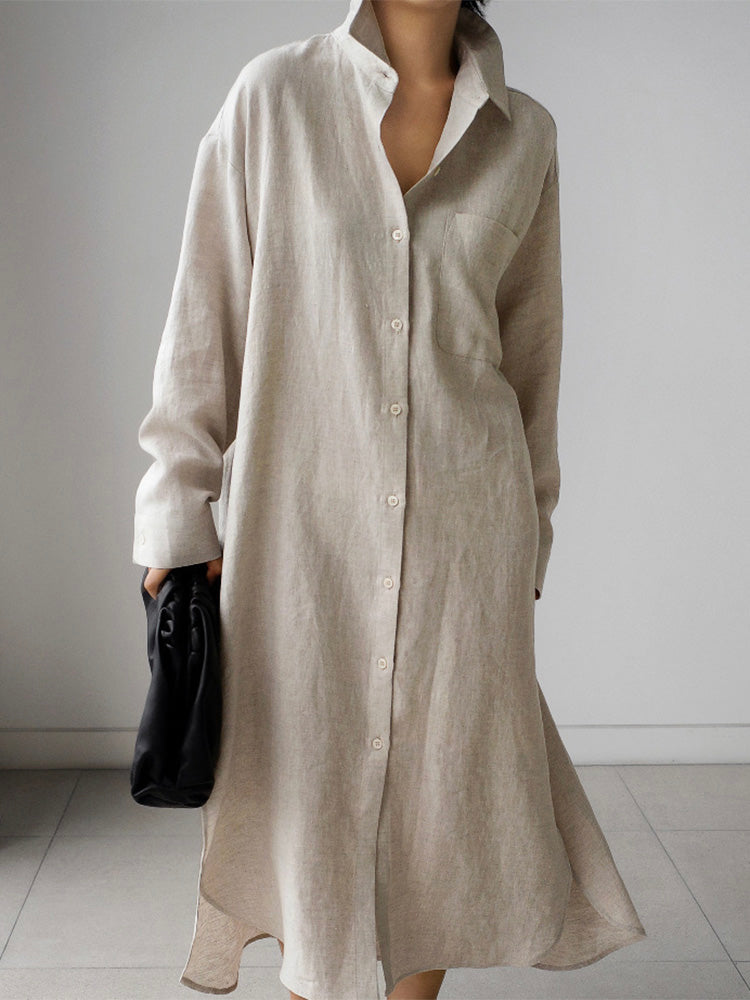 Cotton and Linen Shirt Dress with Side Slits