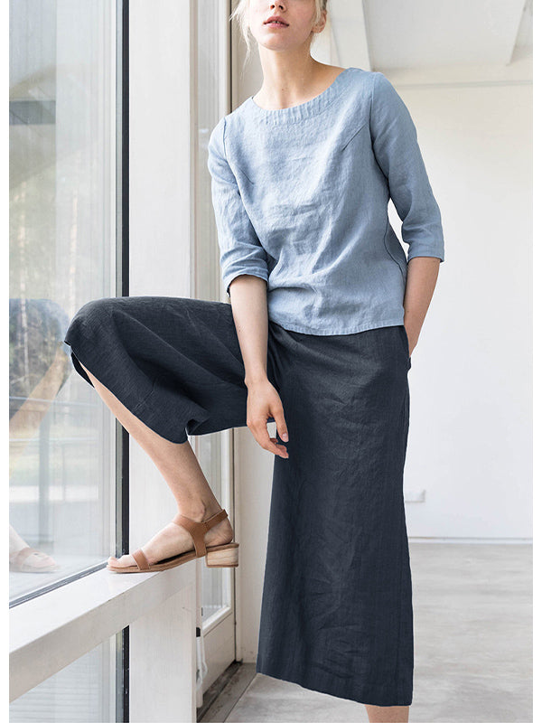 Pantalon décontracté en lin à taille élastique et jambe large 