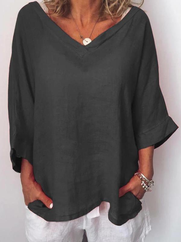 Casual Solid V Neck 3/4 Sleeve Tops