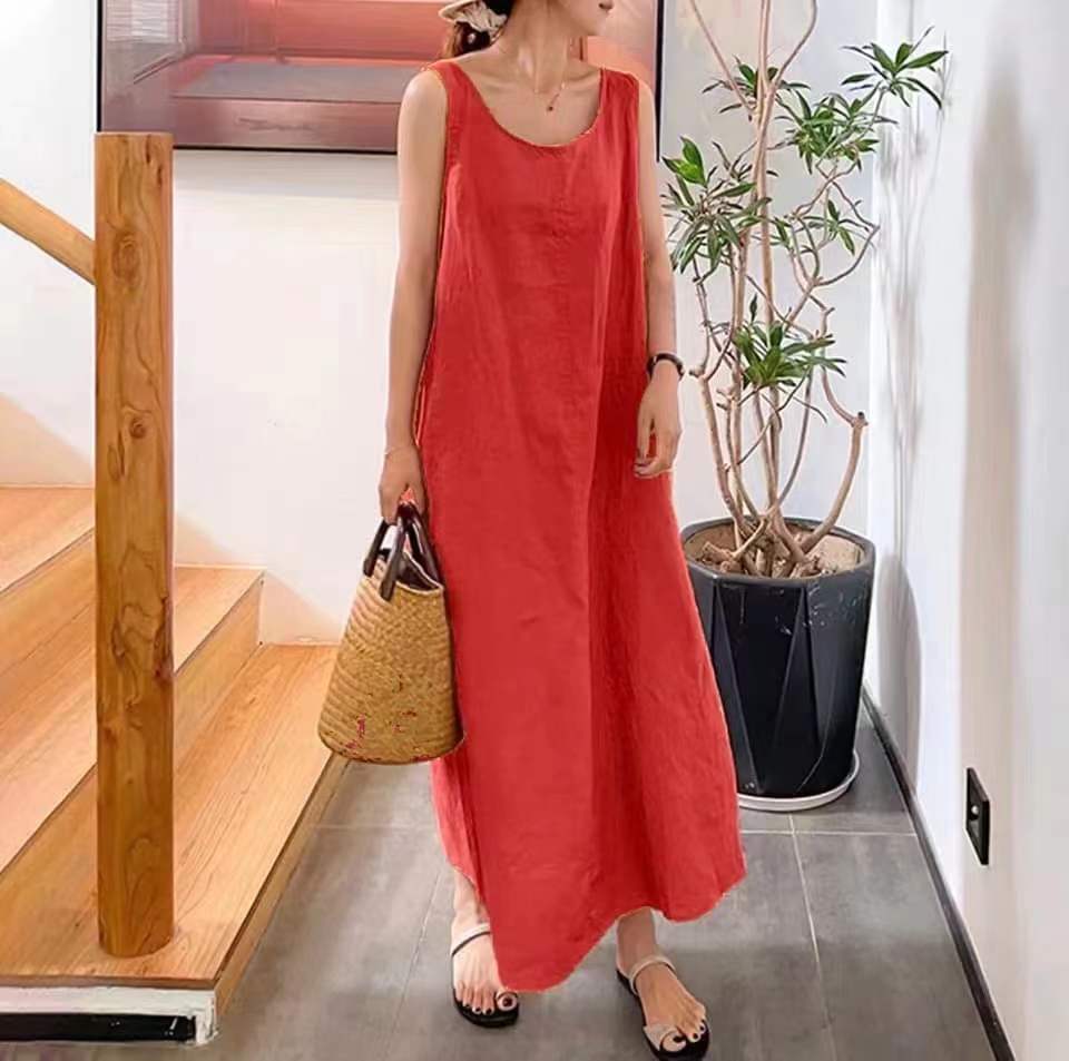 Robe longue sans manches à col rond en coton et lin