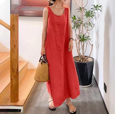 Robe longue sans manches à col rond en coton et lin