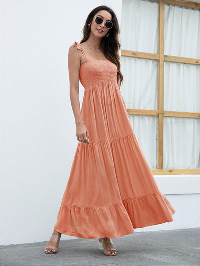 Tie Strap Smocked Tiered  Maxi Dress
