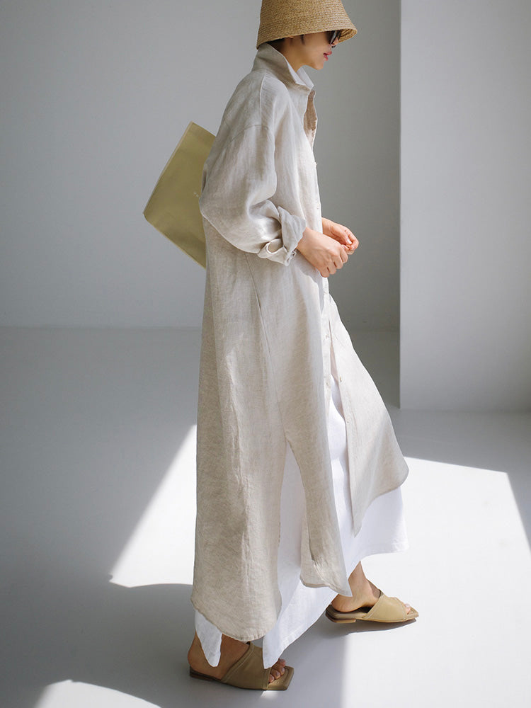 Cotton and Linen Shirt Dress with Side Slits