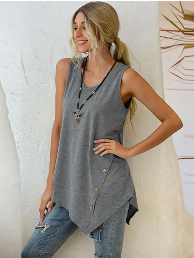 Buttoned Asymmetrical Hem Sleeveless V-neck Shirt