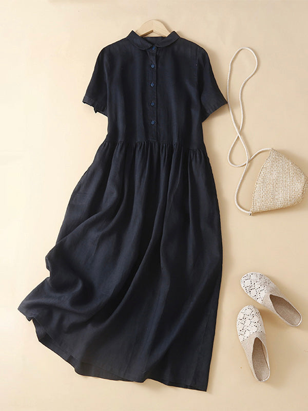 Lapels Cotton and Linen Midi Dress