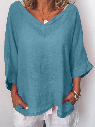 Casual Solid V Neck 3/4 Sleeve Tops